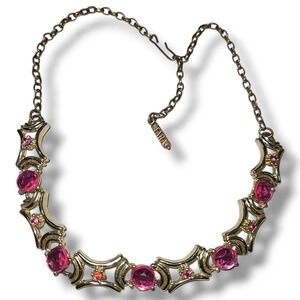 Vintage Tara Signed Gold Tone Pink Rhinestone Statement Necklace 17"